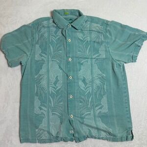 Tommy Bahama Silk Shirt Men L Teal Green Hibiscus Floral Tropical Camp Coastal
